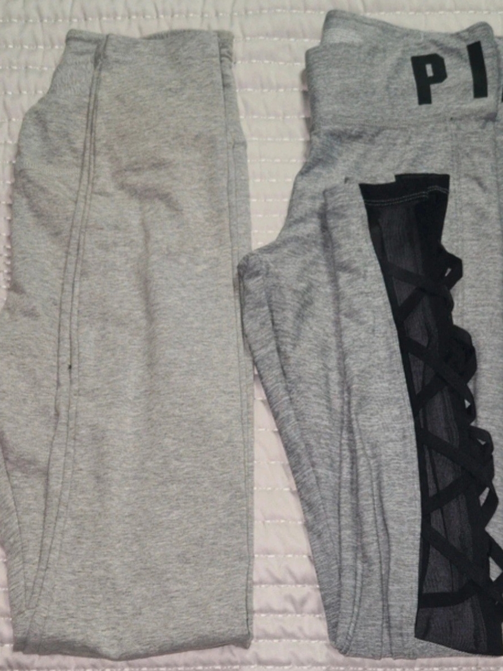 PINK Victoria's Secret Gray Leggings with Black Lace-Up Mesh Panel